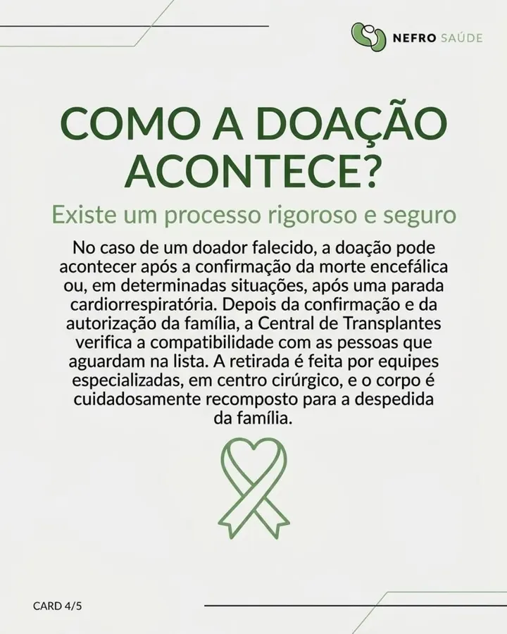 Publicação da Nefro Saúde no Instagram: Como a doação acontece? Existe um processo rigoroso e seguro